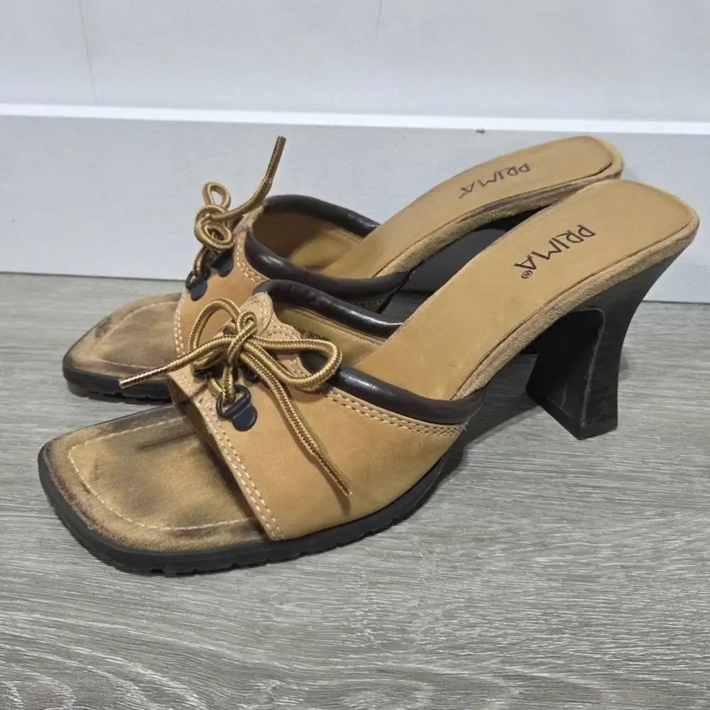 Prima Royale Tan Leather Open Toe Block Heel Sandal Size 8.5